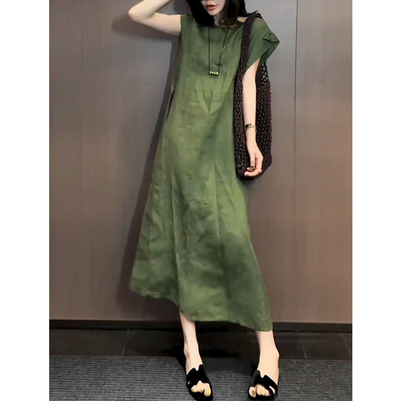 花边袖绿色连衣裙女慵懒风2025夏