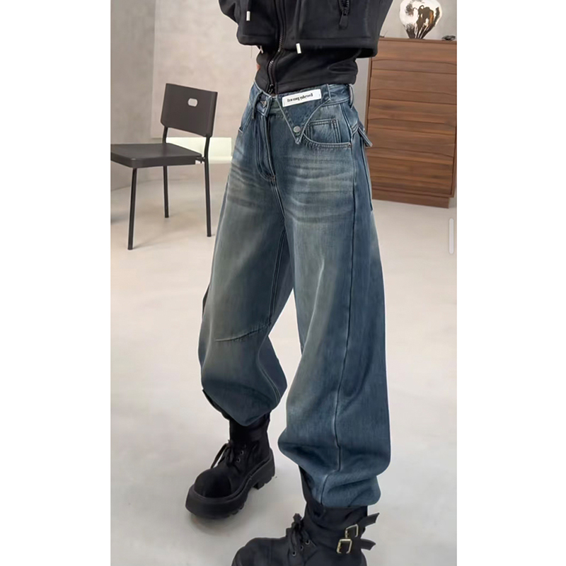 复古高街加绒加厚弯刀阔腿牛仔裤