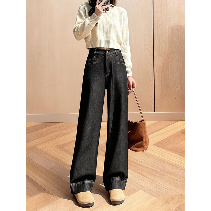 阔腿加绒黑色百搭宽松显瘦高腰