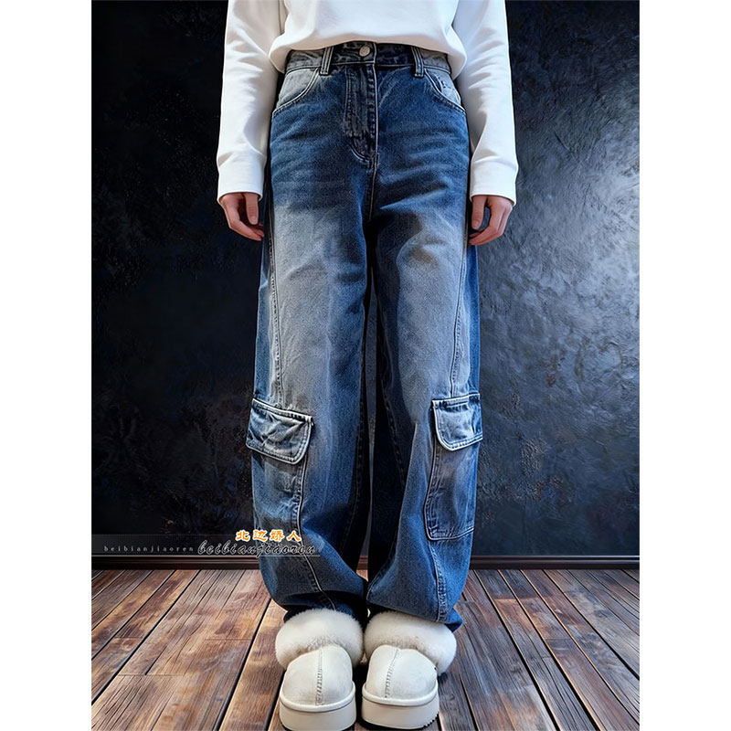 美式水洗百搭洋气工装阔腿牛仔裤女2026早春大码宽松显瘦直筒长裤,女装/女士精品,大码裤装,淘宝优惠券,粉丝福利购,淘宝优惠卷