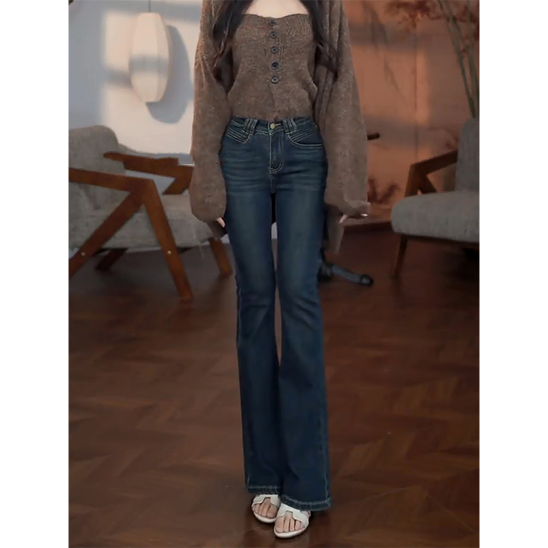 烟灰蓝微喇牛仔裤女立体线条