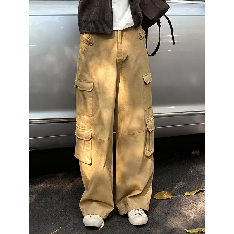 复古工装风卡其色多口袋阔腿裤女2026春季宽松显瘦百搭潮流休闲裤,女装/女士精品,大码裤装,淘宝优惠券,粉丝福利购,淘宝优惠卷