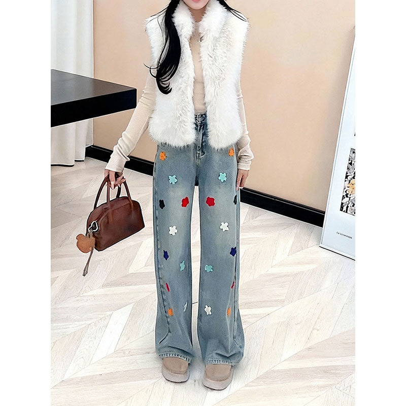 复古立体花朵刺绣直筒牛仔裤女