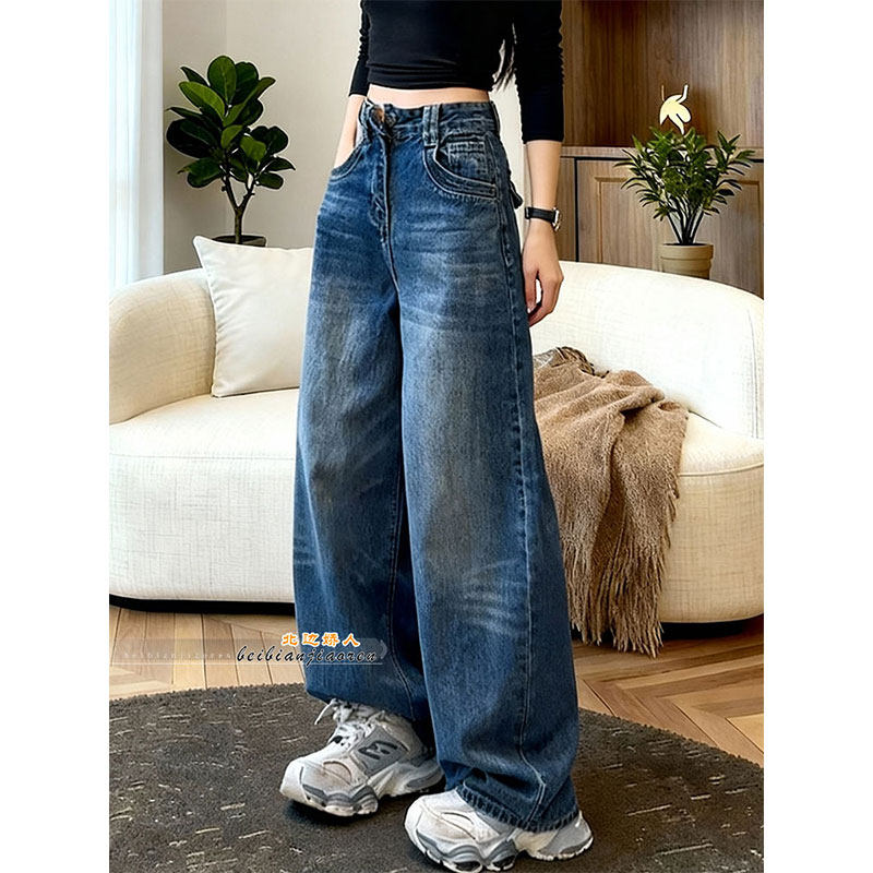 复古水洗阔腿牛仔裤女2026早春梨形身材遮肉显瘦时尚百搭弯刀长裤,女装/女士精品,大码裤装,淘宝优惠券,粉丝福利购,淘宝优惠卷