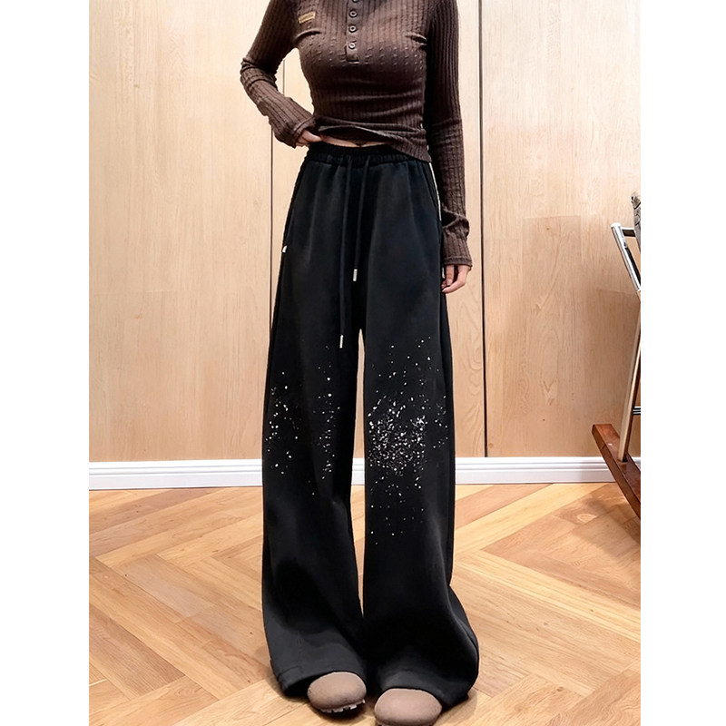 设计感星星烫钻加绒加厚阔腿休闲裤女2025冬季新款显瘦百搭拖地裤,女装/女士精品,大码裤装,淘宝优惠券,粉丝福利购,淘宝优惠卷