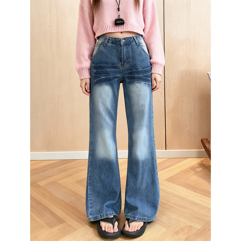 加绒加厚水洗做旧磨白牛仔裤女