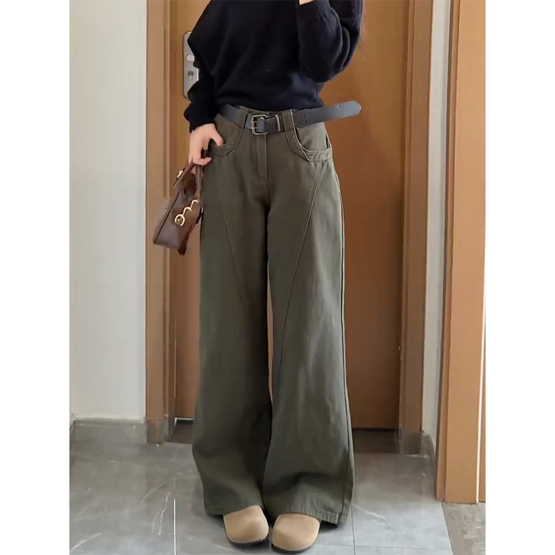 美式复古高腰工装阔腿牛仔裤女20