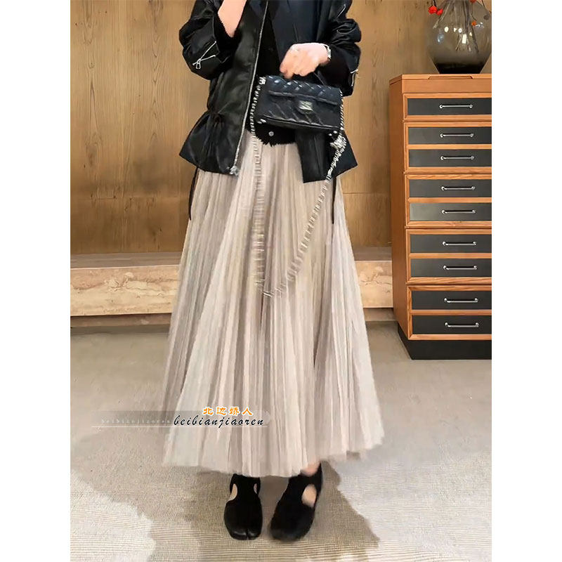 法式气质优雅风网纱褶皱半身裙女2026春夏显瘦百搭飘逸A字大摆裙