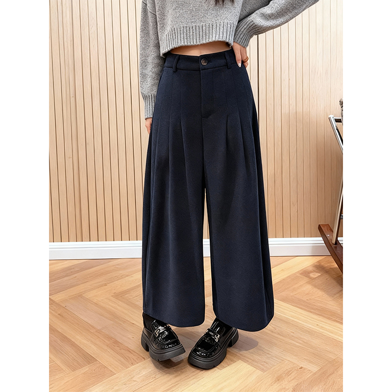 加厚毛呢藏青色八分休闲裤女2025