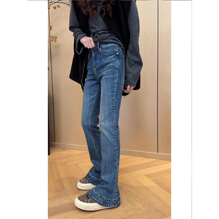 小个子长裤 高腰显瘦修身 女2026早春新款 复古显腿长蓝色微喇牛仔裤