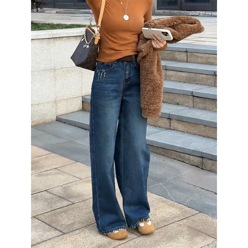 抓绒厚款磨破设计牛仔裤女2025