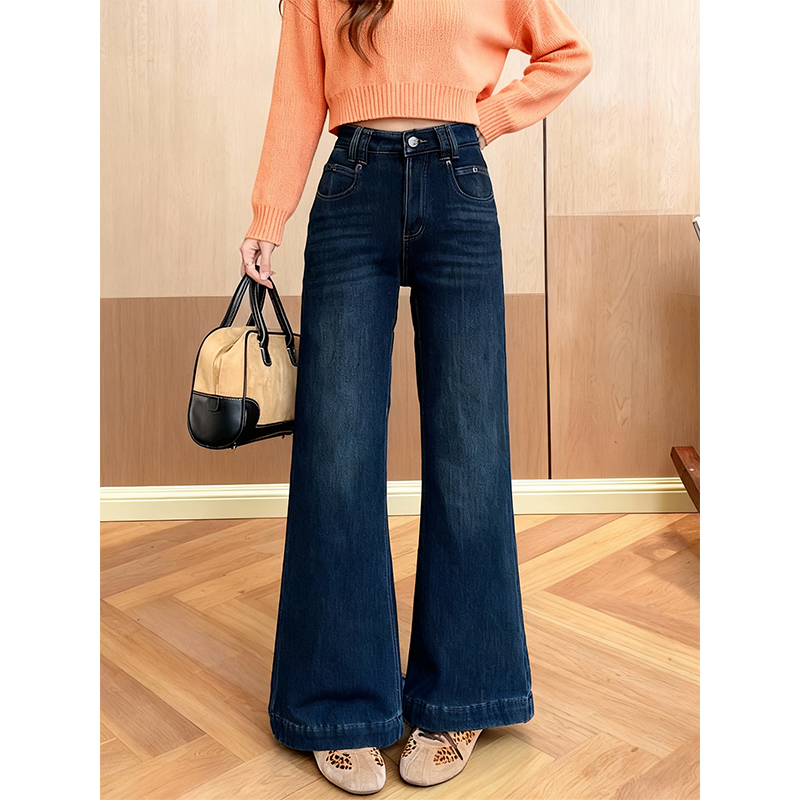 加绒加厚复古高腰微喇牛仔裤女