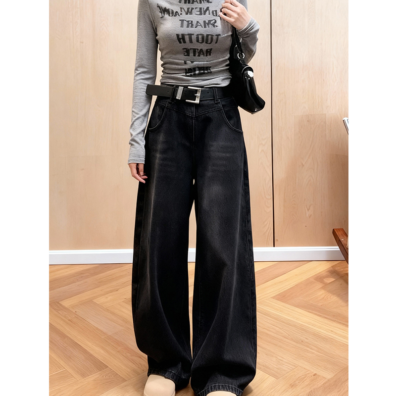 复古密密绒加绒加厚阔腿牛仔裤女