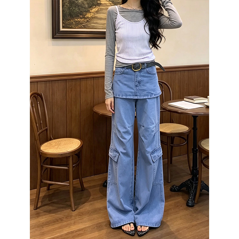早秋韩系假两件牛仔阔腿裤女显瘦图片