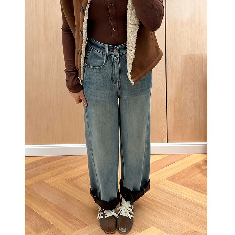大码复古高腰加绒加厚哈伦牛仔裤