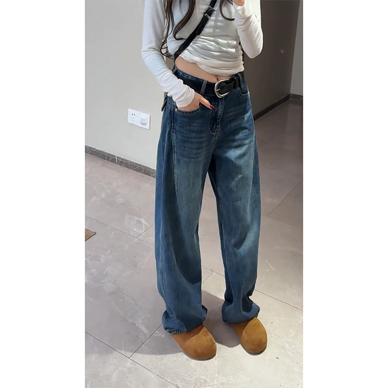 蓝色复古牛仔裤女立裁百搭高级