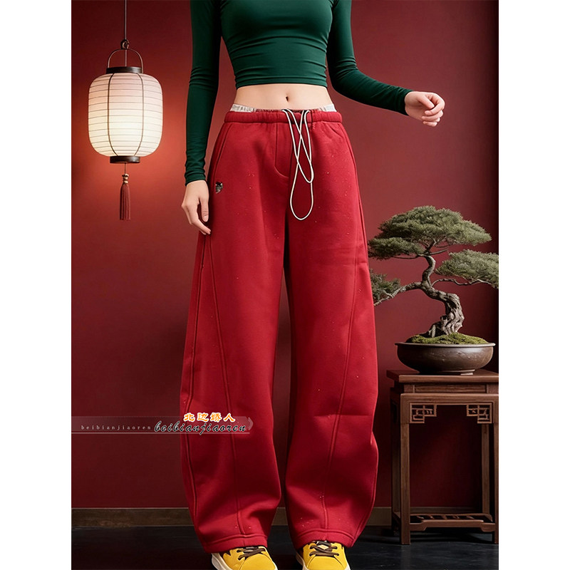 复古极简设计感红色抽绳束腰阔腿裤女2026春季新款宽松显瘦休闲裤,女装/女士精品,大码裤装,淘宝优惠券,粉丝福利购,淘宝优惠卷