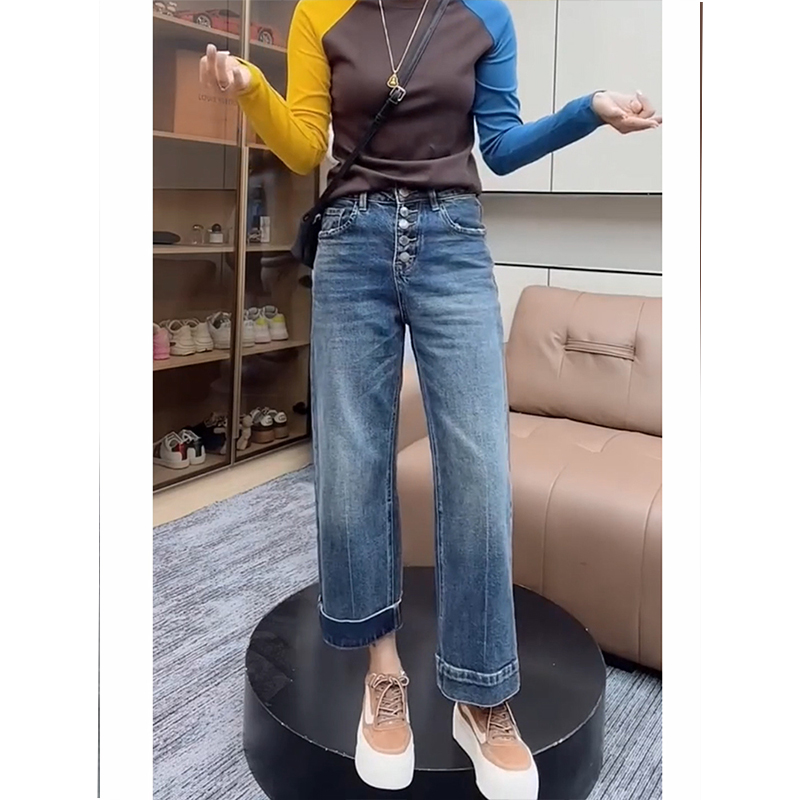 小个子复古高腰直筒九分牛仔裤女