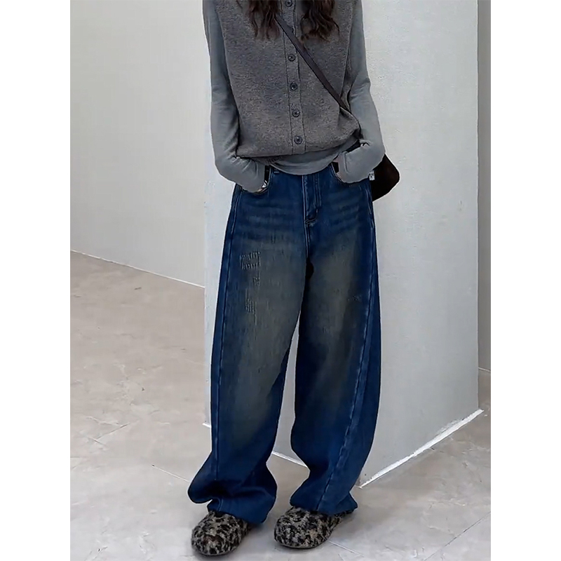 欧货复古时尚加绒加厚弯刀牛仔裤