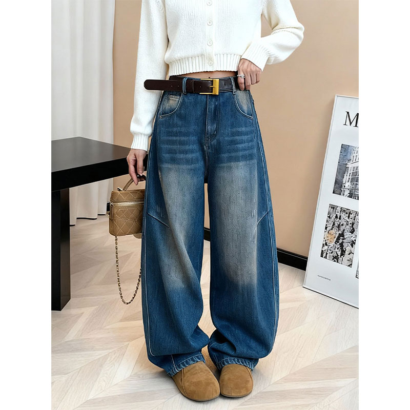 复古高腰阔腿牛仔裤女宽松显瘦