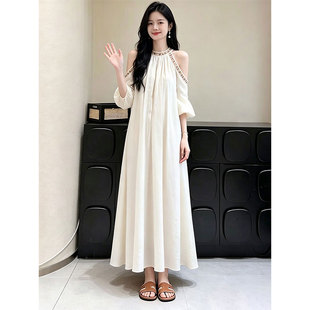 白色露肩长袖连衣裙女2026夏季新款宽松显瘦气质长裙大码连衣裙女
