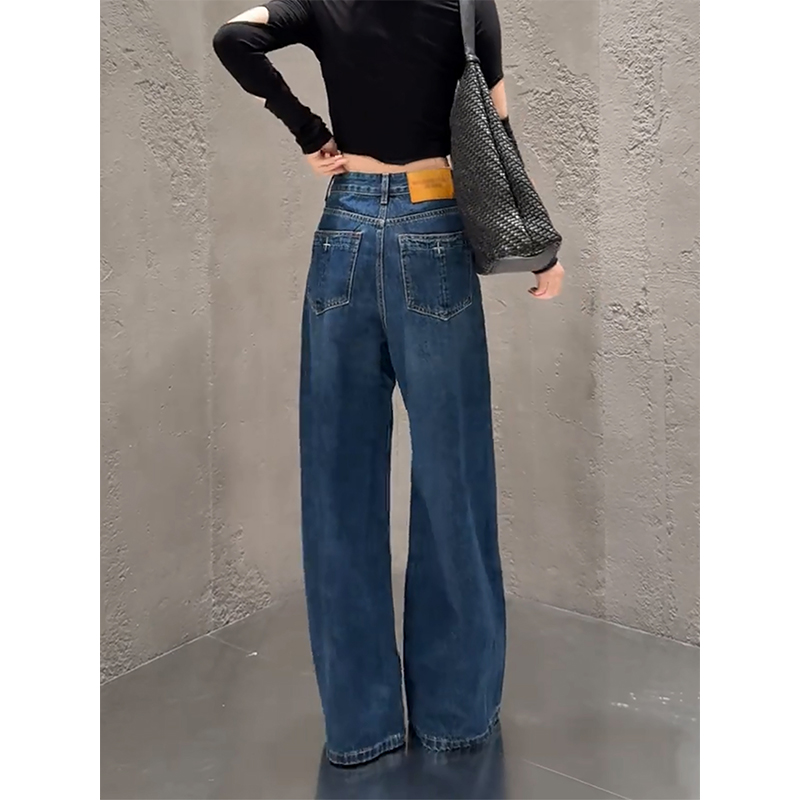蓝色直筒牛仔裤女简约潮流2025