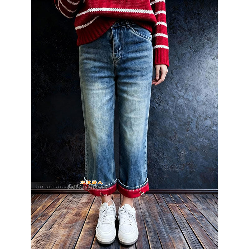 复古时尚拼接翻边牛仔裤女2026早春修身显瘦通勤百搭九分直筒裤子,女装/女士精品,大码裤装,淘宝优惠券,粉丝福利购,淘宝优惠卷