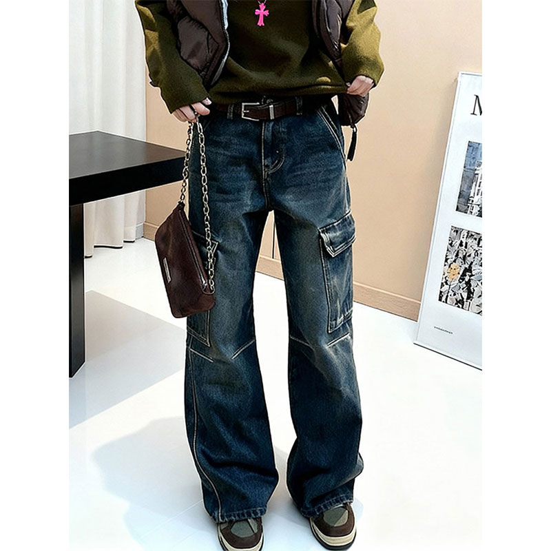 复古工装风大口袋牛仔裤女