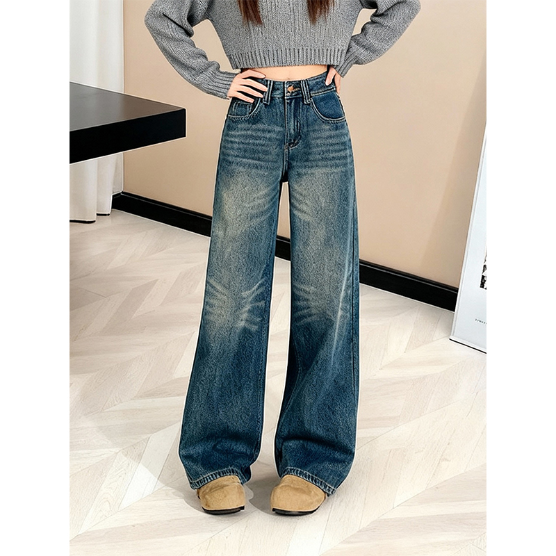 加绒加厚猫须设计感美式牛仔裤女