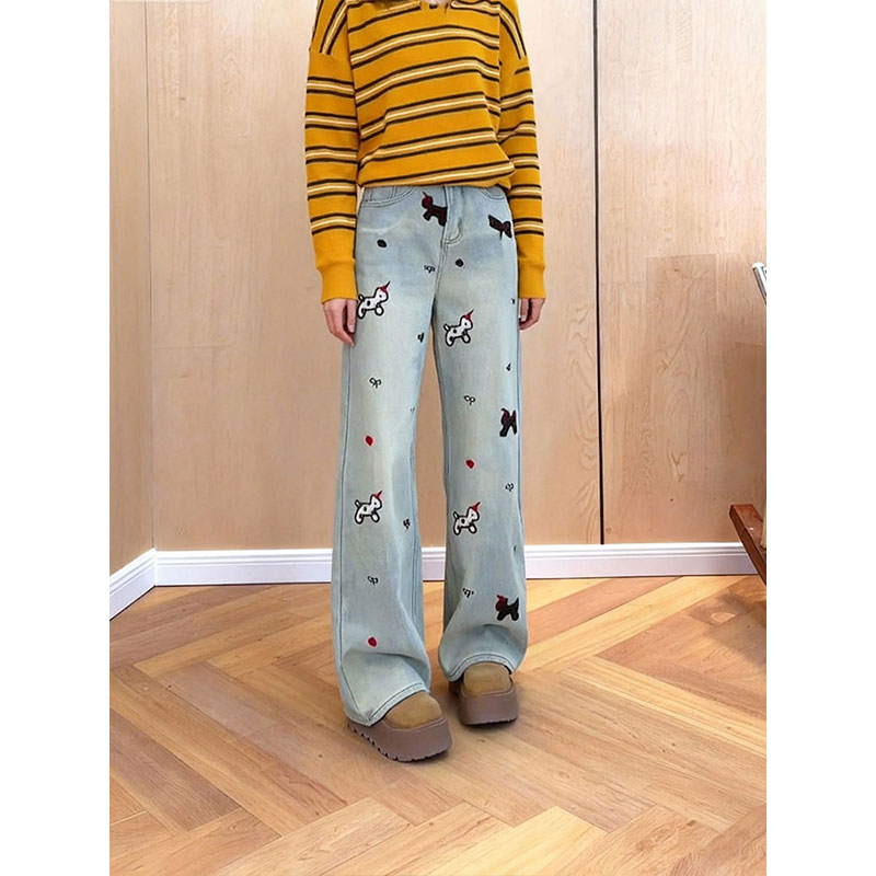 小狗刺绣阔腿牛仔裤女蓝色高腰