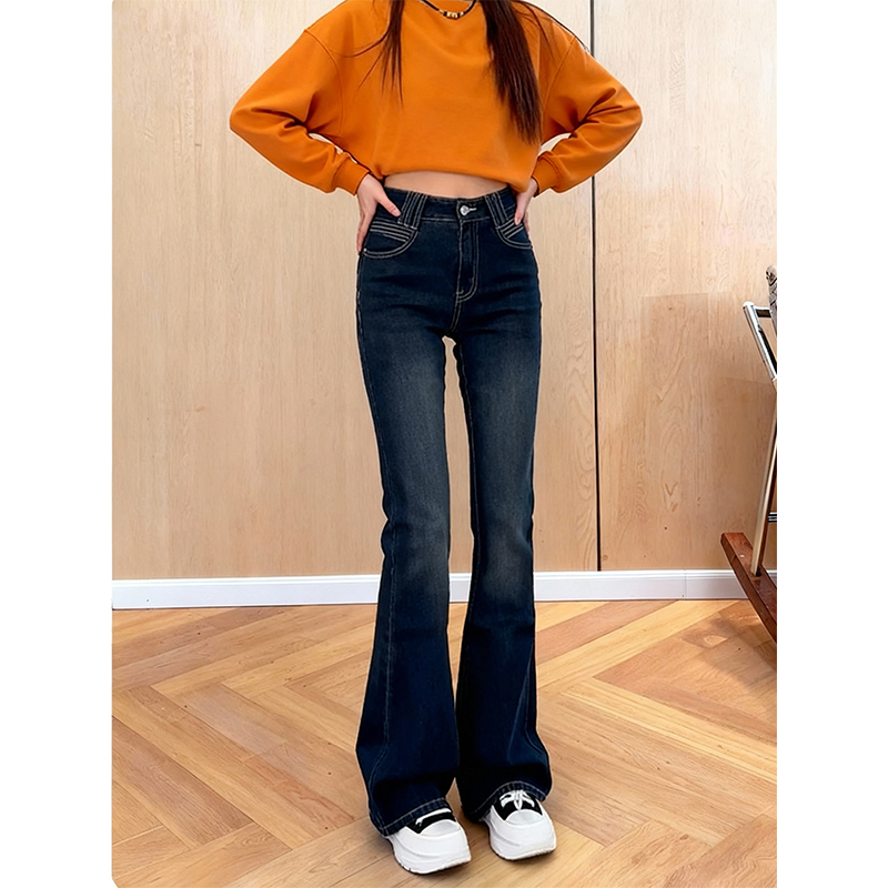 加绒加厚高腰显瘦微喇牛仔裤女