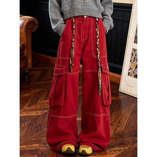 大口袋宽松街头牛仔裤 加绒明线拼接红色工装 新款 女2025冬季 阔腿裤