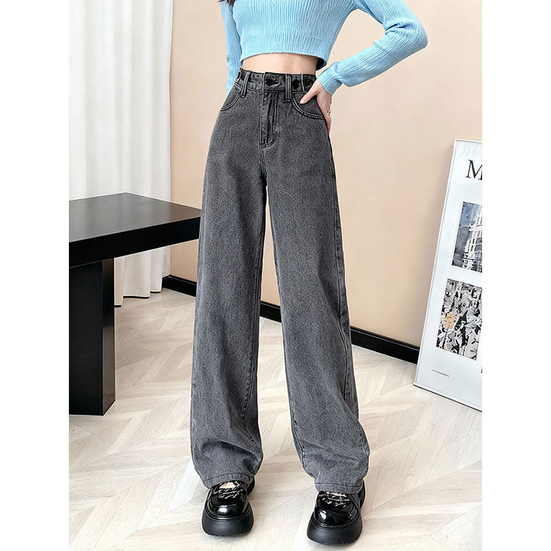 高腰阔腿牛仔裤女灰色显瘦