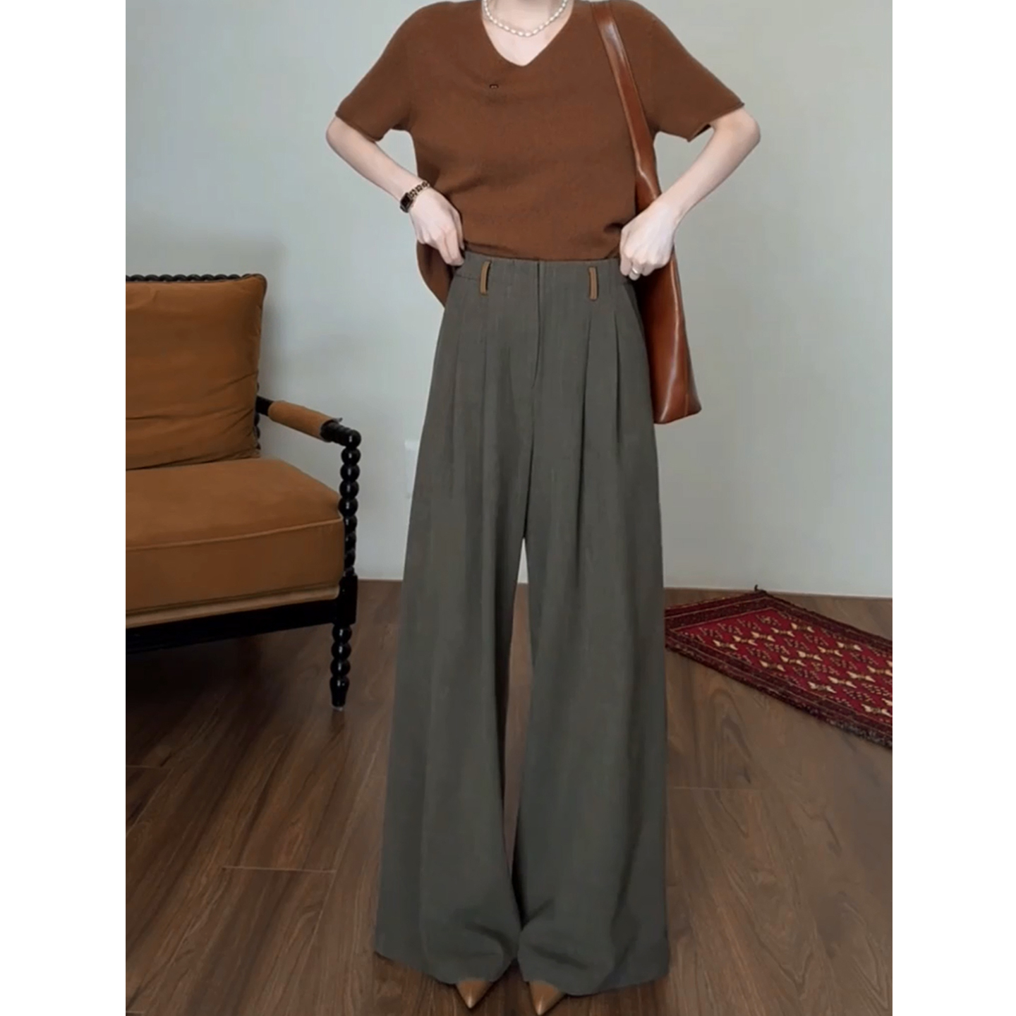 撞色裤耳西装裤女小众简约时尚感