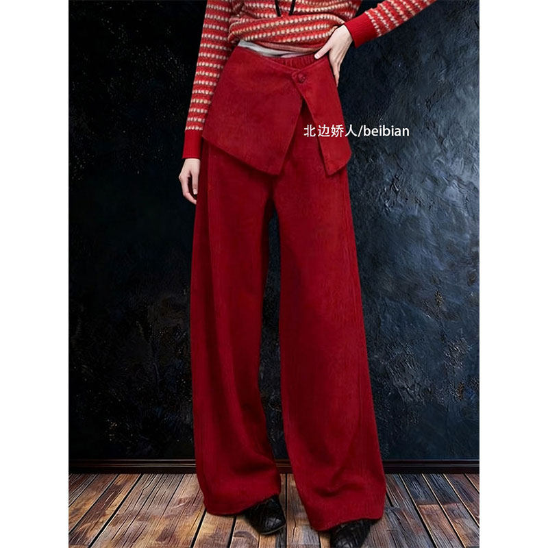 设计感真两件红色屁帘阔腿裤女2026早春宽松百搭显瘦垂感休闲长裤,女装/女士精品,大码裤装,淘宝优惠券,粉丝福利购,淘宝优惠卷