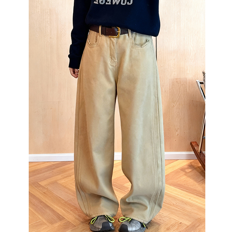 大码卡其色加绒加厚阔腿牛仔裤女