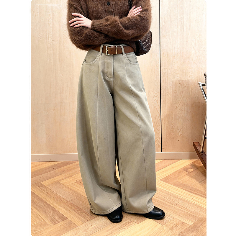 加绒加厚美式复古高腰阔腿牛仔裤