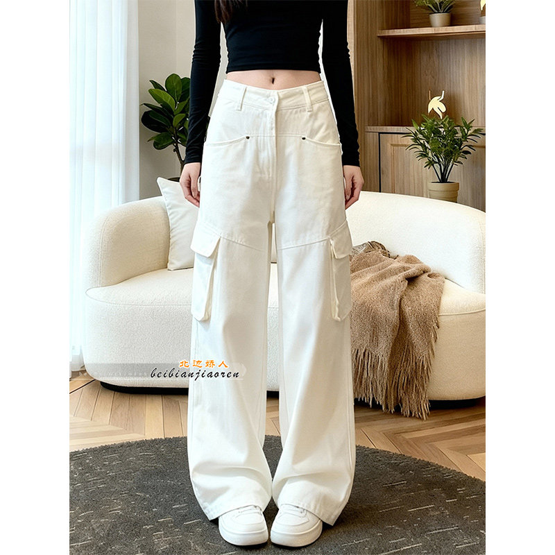 美式工装风白色阔腿裤女2026春季新款宽松显瘦多口袋松弛感直筒裤,女装/女士精品,大码裤装,淘宝优惠券,粉丝福利购,淘宝优惠卷