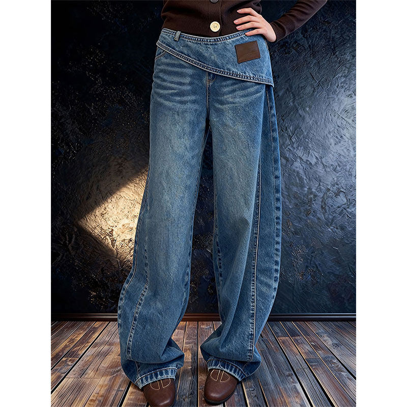 复古水洗阔腿牛仔裤女2025冬季新款设计感假两件宽松显瘦直筒长裤,女装/女士精品,大码裤装,淘宝优惠券,粉丝福利购,淘宝优惠卷