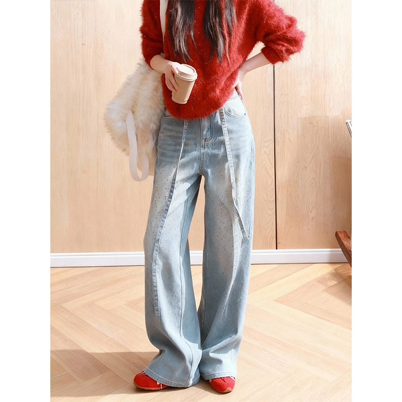 高级感重工带钻加绒加厚牛仔裤女