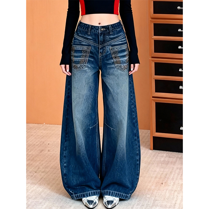 复古刺绣水洗阔腿牛仔裤女2025冬