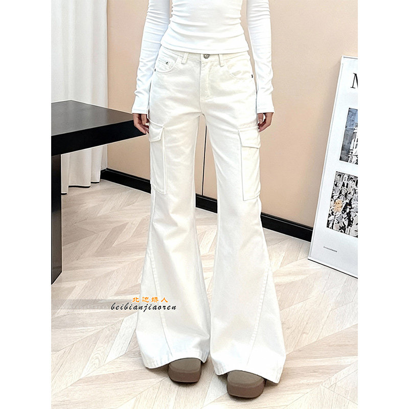白色工装风微喇牛仔裤女2026春季新款低腰多口袋设计感显瘦拖地裤,女装/女士精品,大码裤装,淘宝优惠券,粉丝福利购,淘宝优惠卷