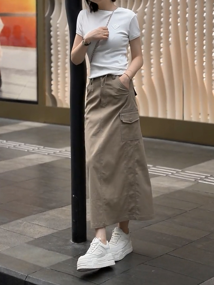 休闲复古美式工装口袋半身裙2025
