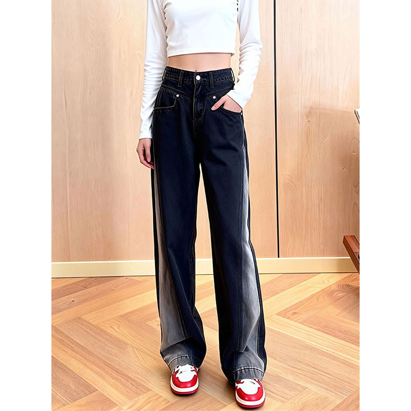 拼接高腰阔腿牛仔裤女宽松显瘦