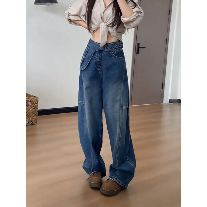 弯刀牛仔裤女时髦复古假两件