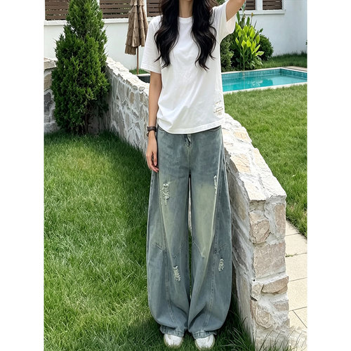 美式水洗蓝破洞高腰阔腿牛仔裤女