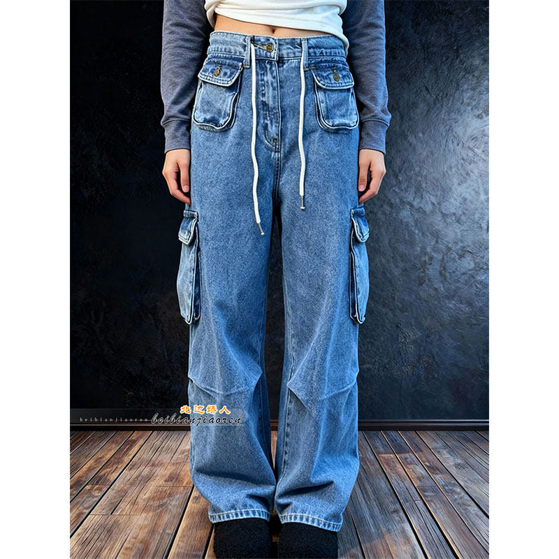 欧货美式时尚个性多口袋牛仔阔腿裤女2026早春大码百搭抽绳休闲裤,女装/女士精品,大码裤装,淘宝优惠券,粉丝福利购,淘宝优惠卷