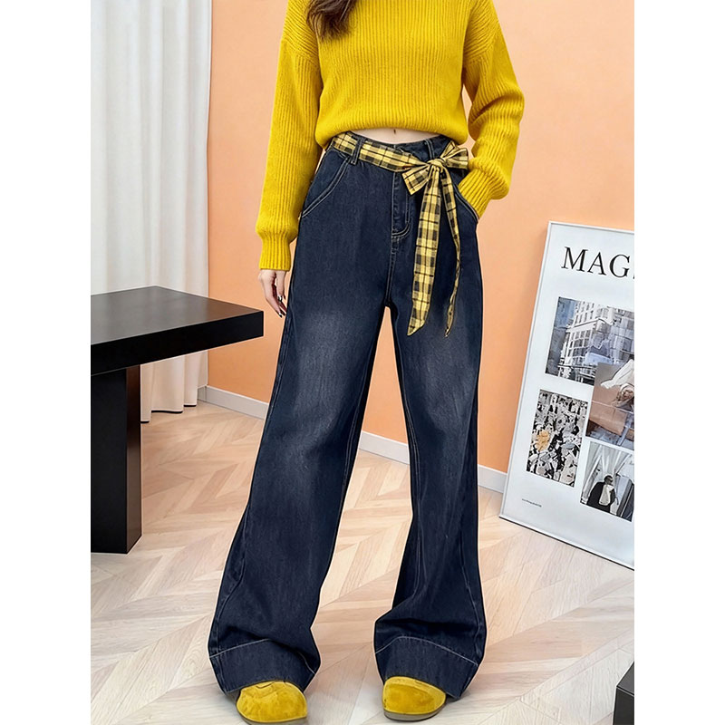 美式复古格子系带阔腿牛仔裤女