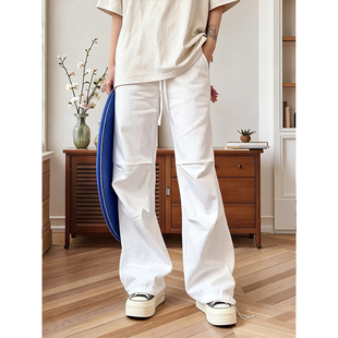 白色宽松百搭显瘦垂感弯刀裤 女2026新款 风高腰抽绳束脚阔腿裤 工装