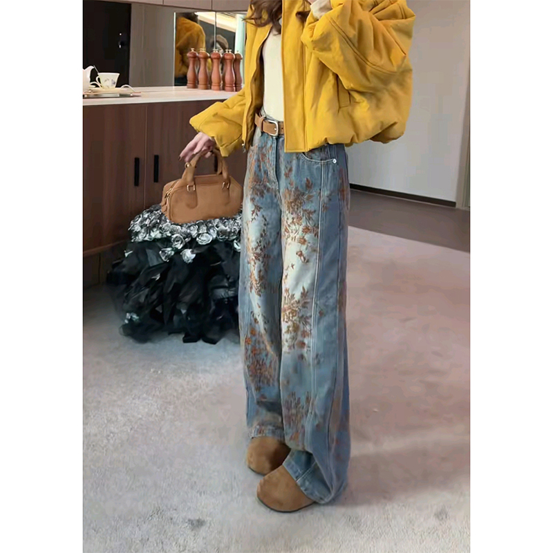 加绒加厚枫叶复古别致牛仔裤女